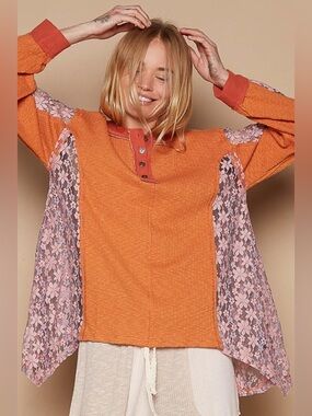 POL Lace and Rib Top W/Balloon Sleeve